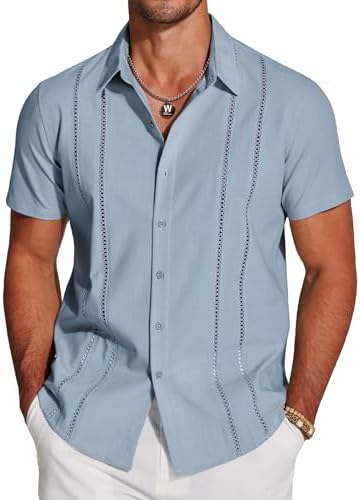 COOFANDY Men's Cuban Guayabera Shirt Short Sleeve Button Down Shirts Casual Summer Beach Linen Shirts Blue  Clothing, Shoes & Jewelry