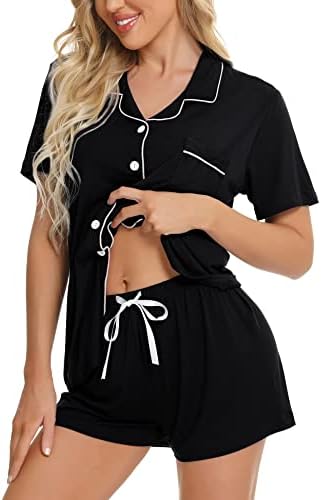 SWOMOG Womens Button Down Pajamas Set Short Sleeve Sleepwear Bride Soft Pj Lounge Sets XS-3XL Black Medium at Amazon Women’s Clothing store