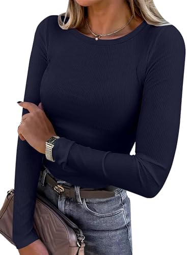ANRABESS Women Long Sleeve Crewneck Rib Knit Slim Fit Shirts Basic Tee Tops 2025 Casual T-Shirt Going Out Workout Outfits at Amazon Women’s Clothing store