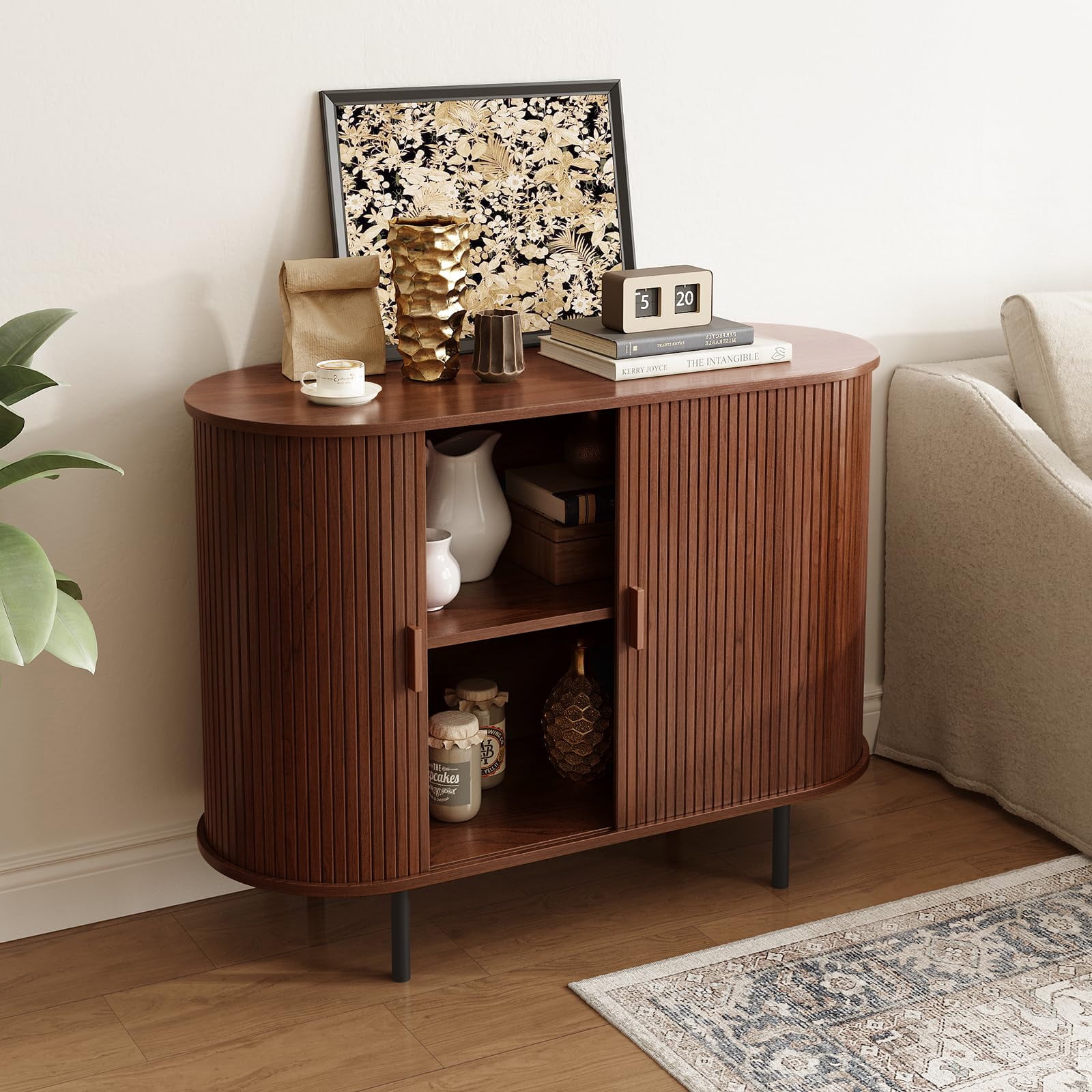 MARNUR Sideboard Buffet Cabinet 40&quote; Storage Cabinet with 2 Sliding Tambour Doors, Adjustable Shelves for Kitchen, Living Room, Hallway, Entryway