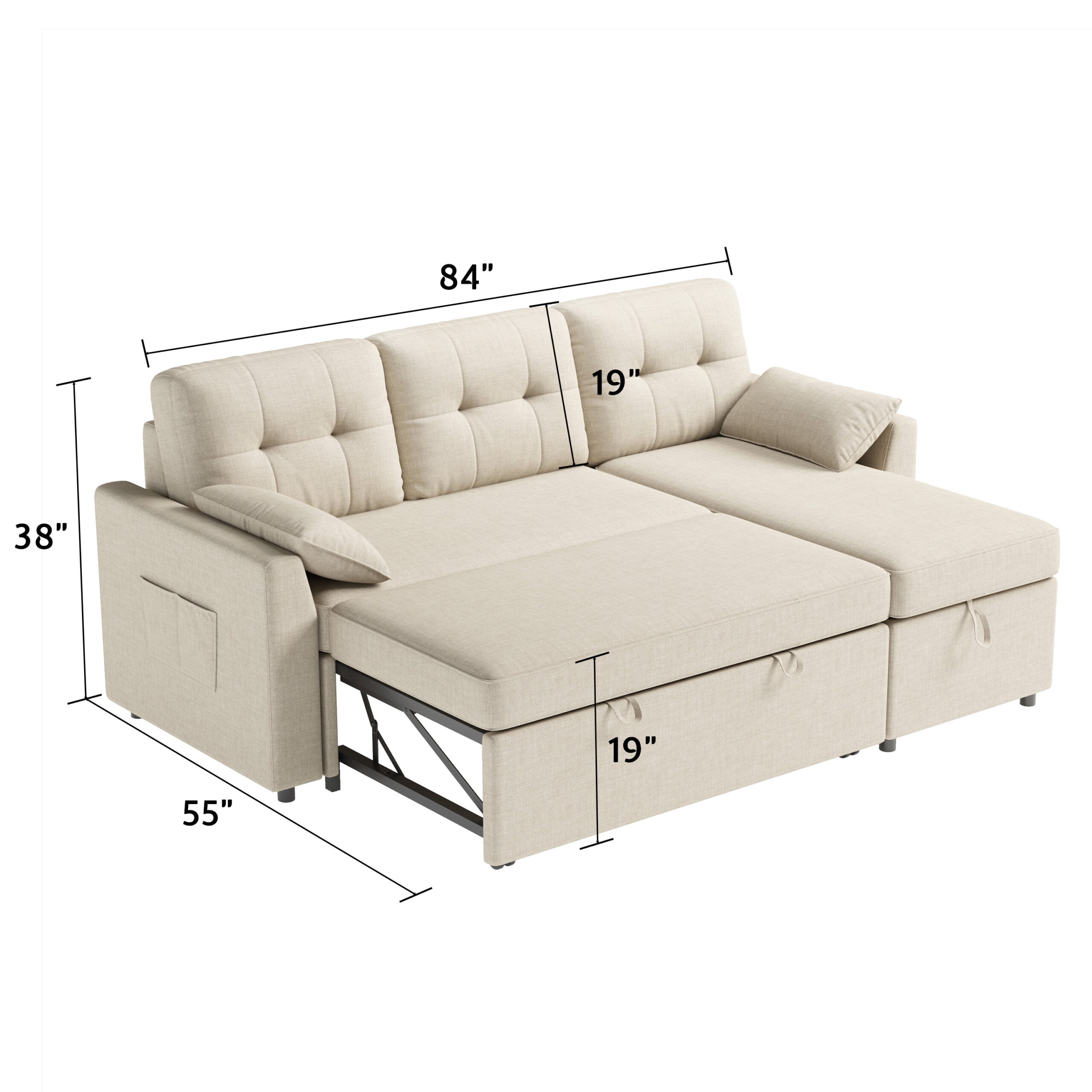 VANACC Sectional Sofa with Storage and Soft Seat ,Reversible Pull Out Couch for Living Room,Beige