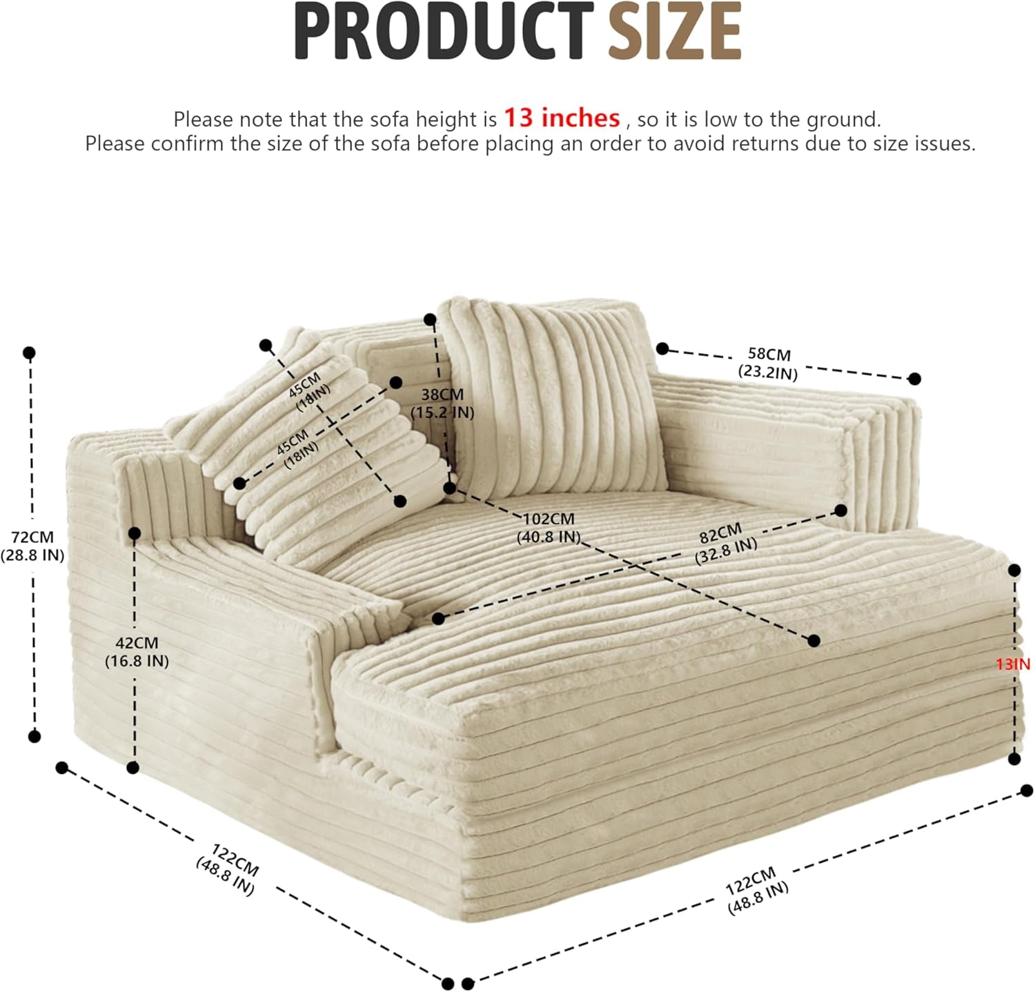 Rounuo Big Chaise Lounge Chair Indoor Bedroom Oversized Chaise Lounge Sofa Bed Upholstered Super Soft Short Plush Couch Sofa Bed Sleeper Chair for Living Room with 2 Throw Pillows