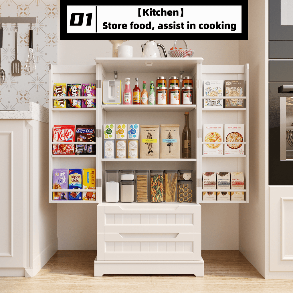 Aiho 47&quote; H Kitchen Pantry Cabinet with 2 Doors and 2 Drawers, Solid & Sturdy, Storage Cabinet for Entryway, Kitchen - White