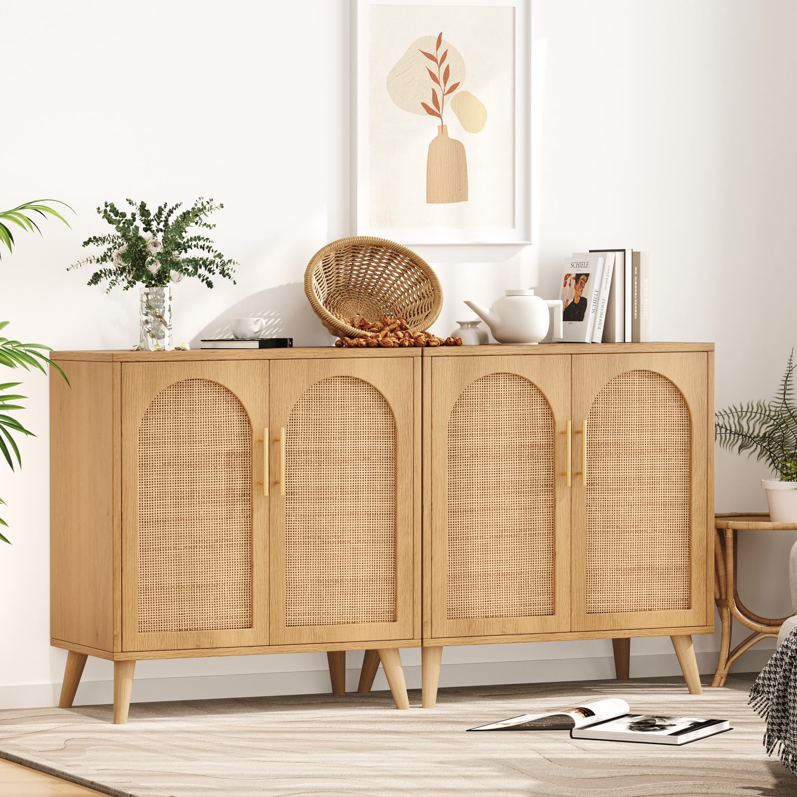 Rovaurx Set of 2 Rattan Storage Cabinet with Doors, Accent Bathroom Floor Cabinet, Modern Sideboard Buffet Cabinet for Living Room, Entryway, Dining Room and Kitchen