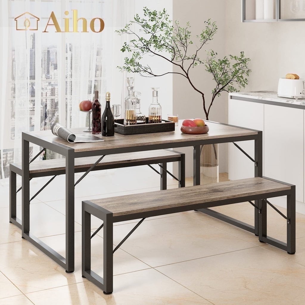 Aiho 45.5&quote; Dining Table Set for 4, Kitchen Table with 2 Benches, Wood Dining Room Dinette Sets with Metal Frame for Breakfast Nook and Small Space - Gray