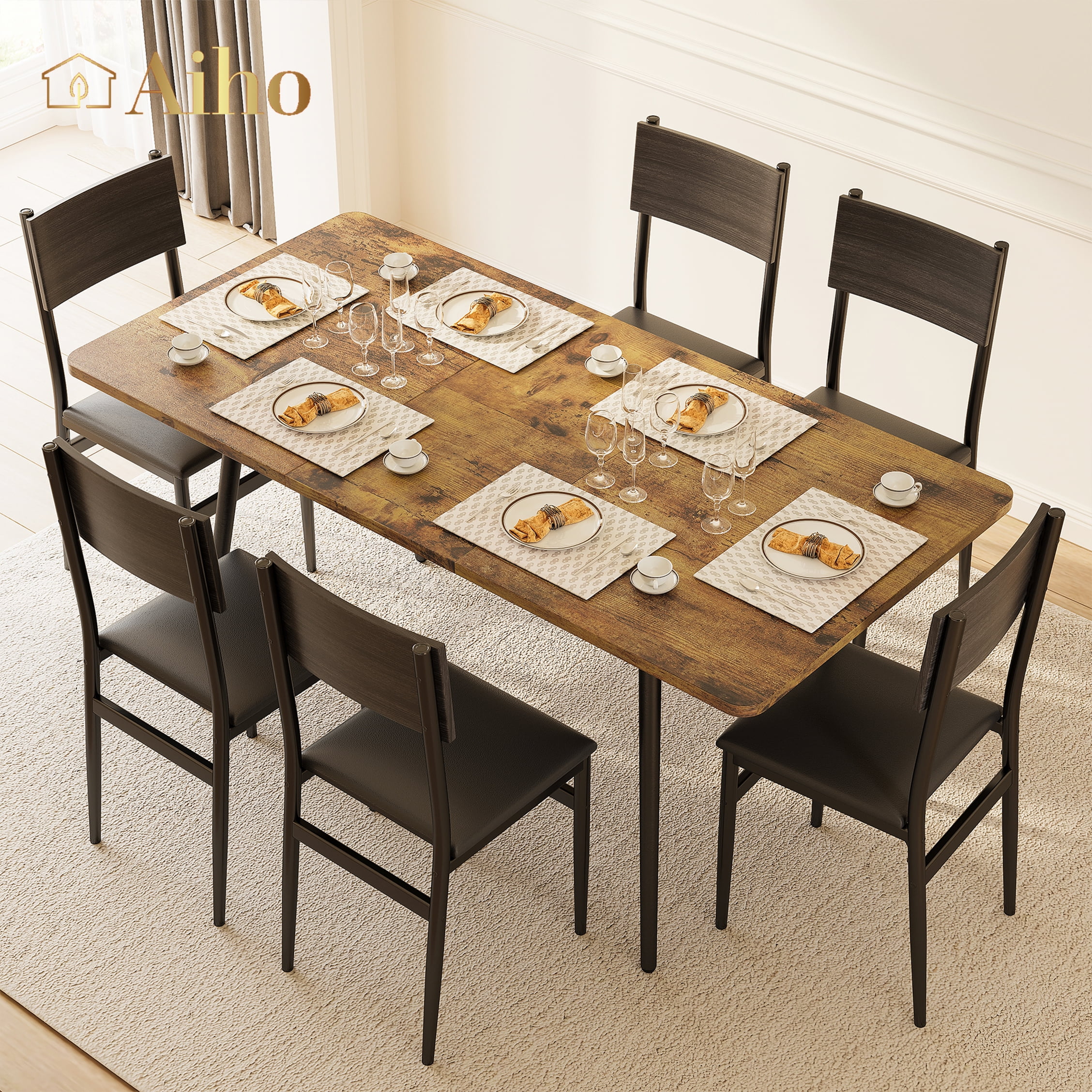 Aiho 63&quote; Extendable Dining Table Set for 4-6 People, 7-Piece Large Dining Table Set With 6 Chairs, Retro