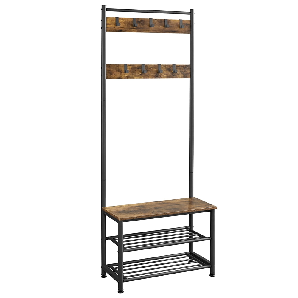 Alden Design 73&quote; Metal Hall Tree with Shoe Storage Bench, Rustic Brown