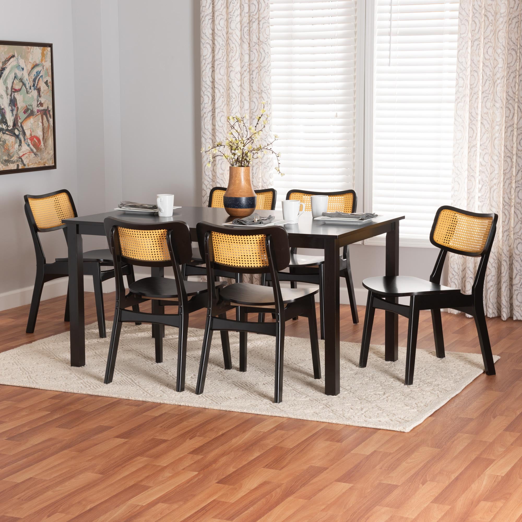 Baxton Studio Estera Mid-Century Modern Dark Brown Finished Wood and Rattan 7-Piece Dining Set
