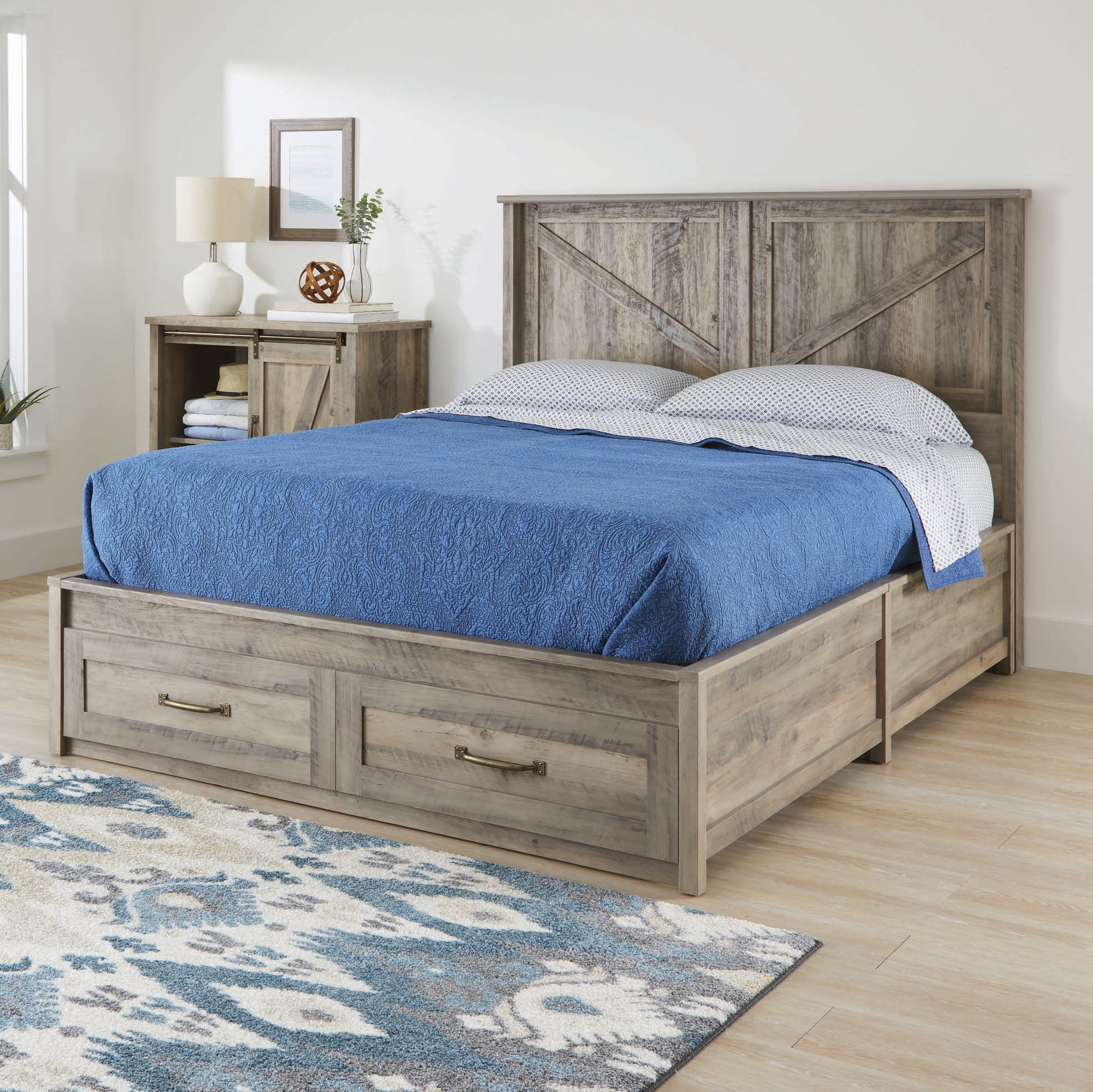 Better Homes & Gardens Modern Farmhouse Queen Platform Bed with Headboard and Storage, Rustic Gray Finish