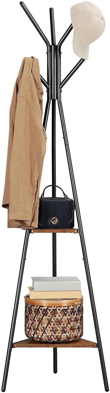 Coat Rack Freestanding Coat Hanger Stand Hall Tree with 2 Shelves for Clothes Hat Bag Rustic Brown and Black