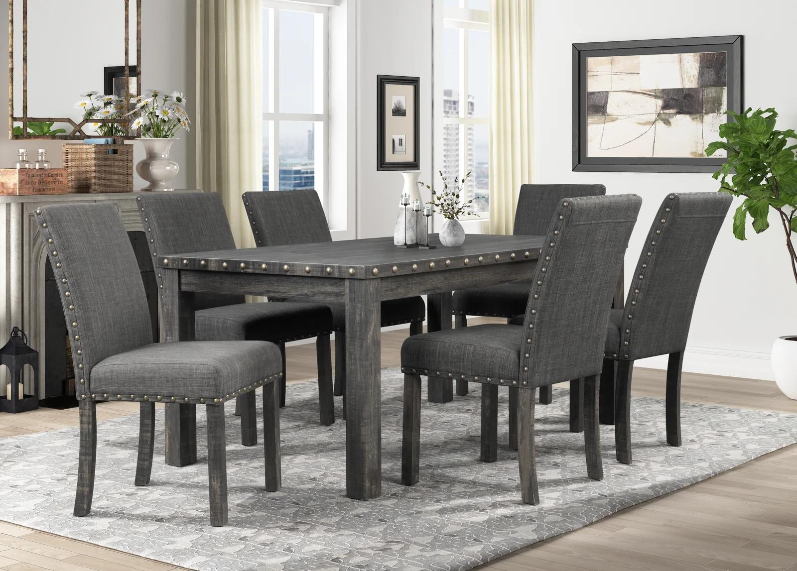 Dark Gray Nailhead Trim Accents Dining Table Set 7 Pcs McFerran D806 Traditional