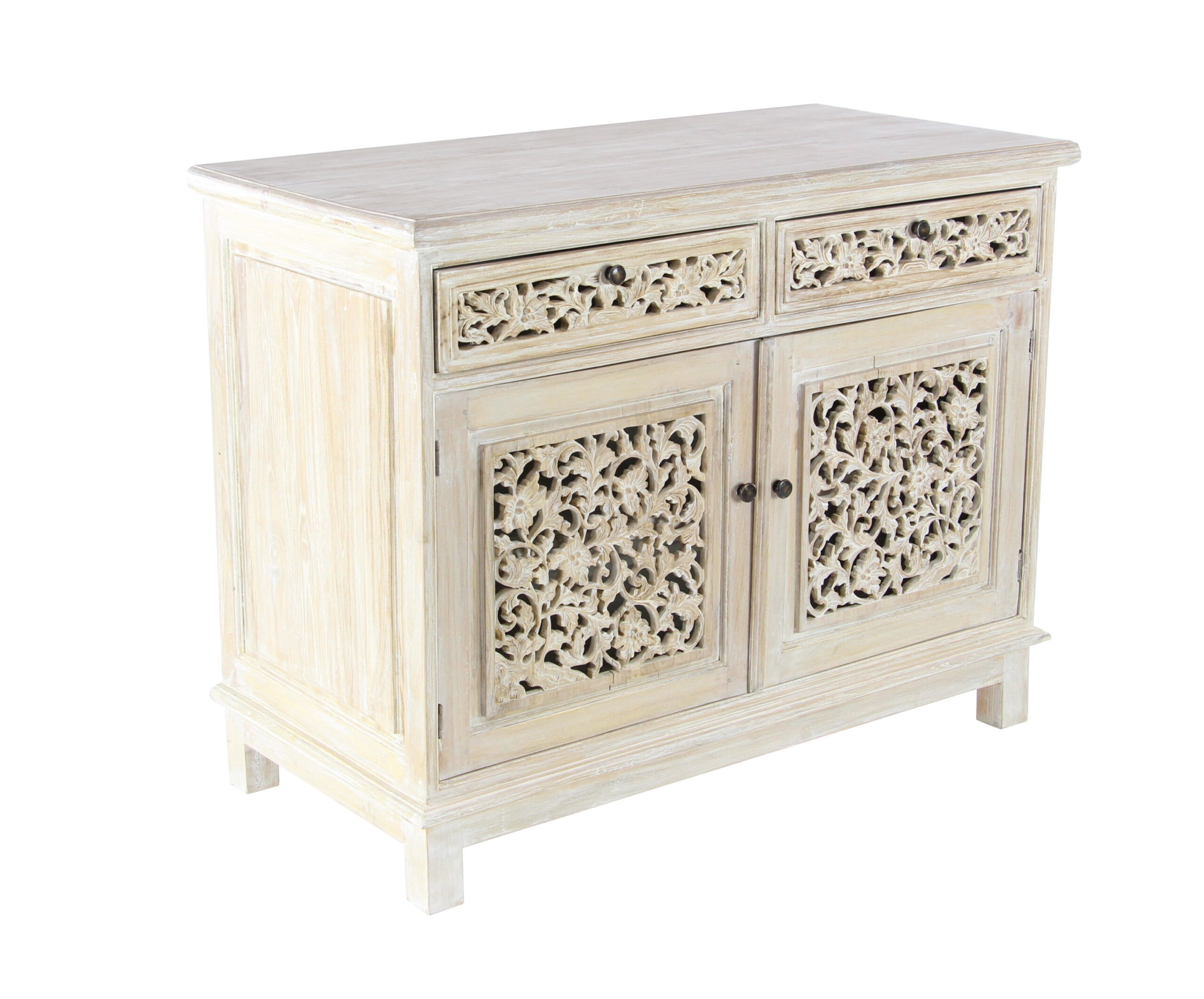 DecMode  White Wood Intricately Carved 2 Drawers 1 Shelf and 2 Doors Floral Cabinet, 1-Piece