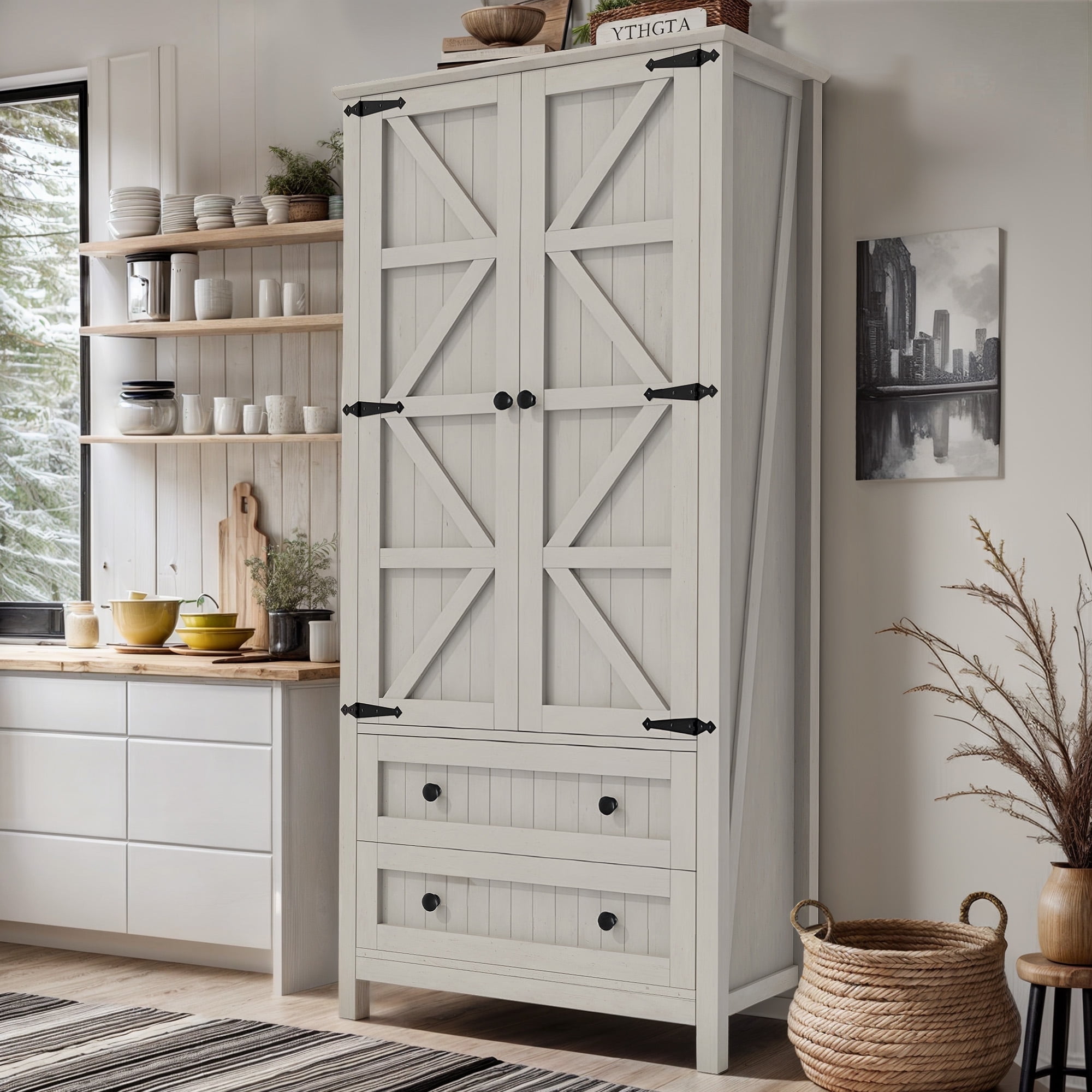 Dextrus 64.56Tall Kitchen Pantry Cabinet with 2-Drawer and Adjustable Shelves, White Oak