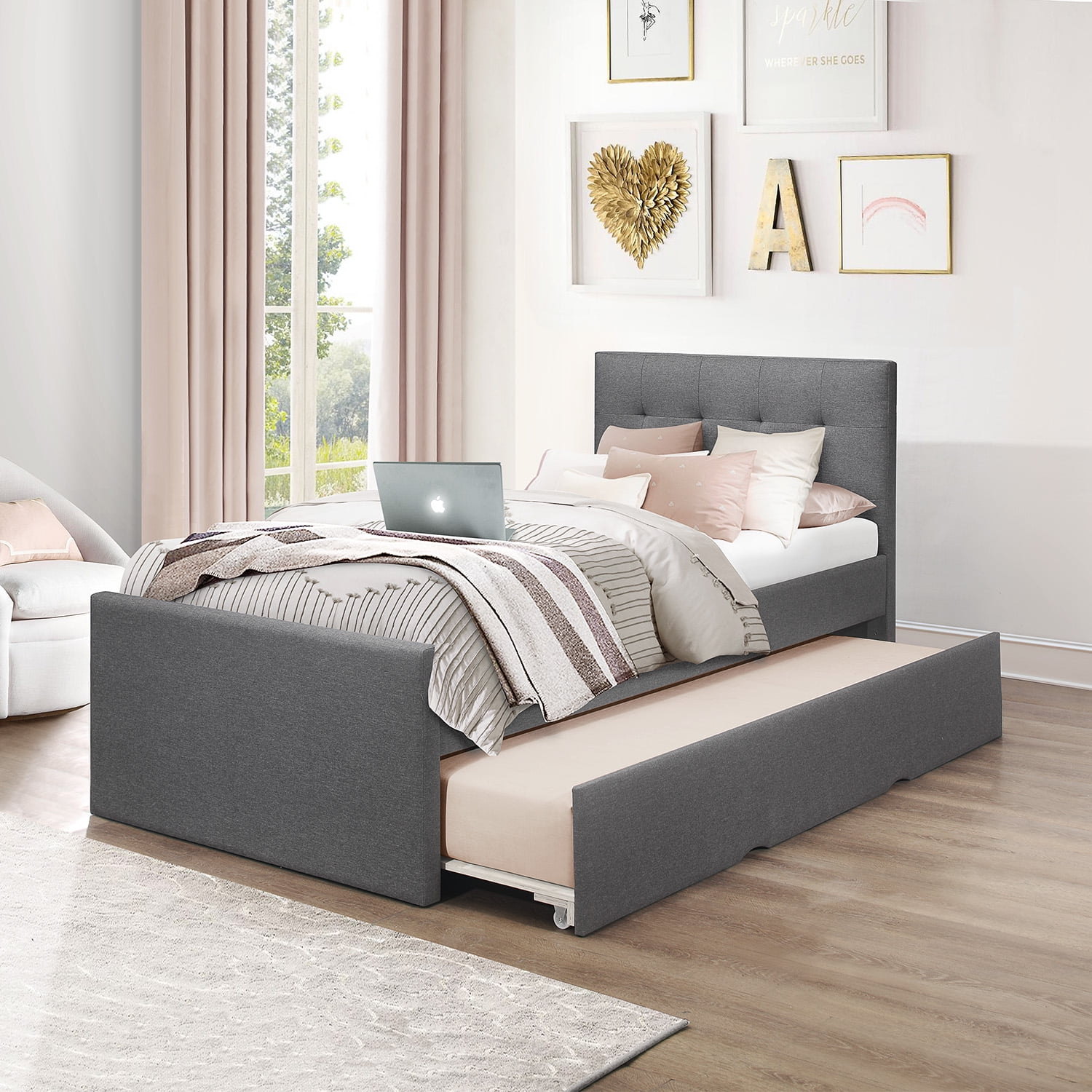 Emory Upholstered Kids Twin Platform Bed with Trundle, Gray, by Hillsdale Living Essentials
