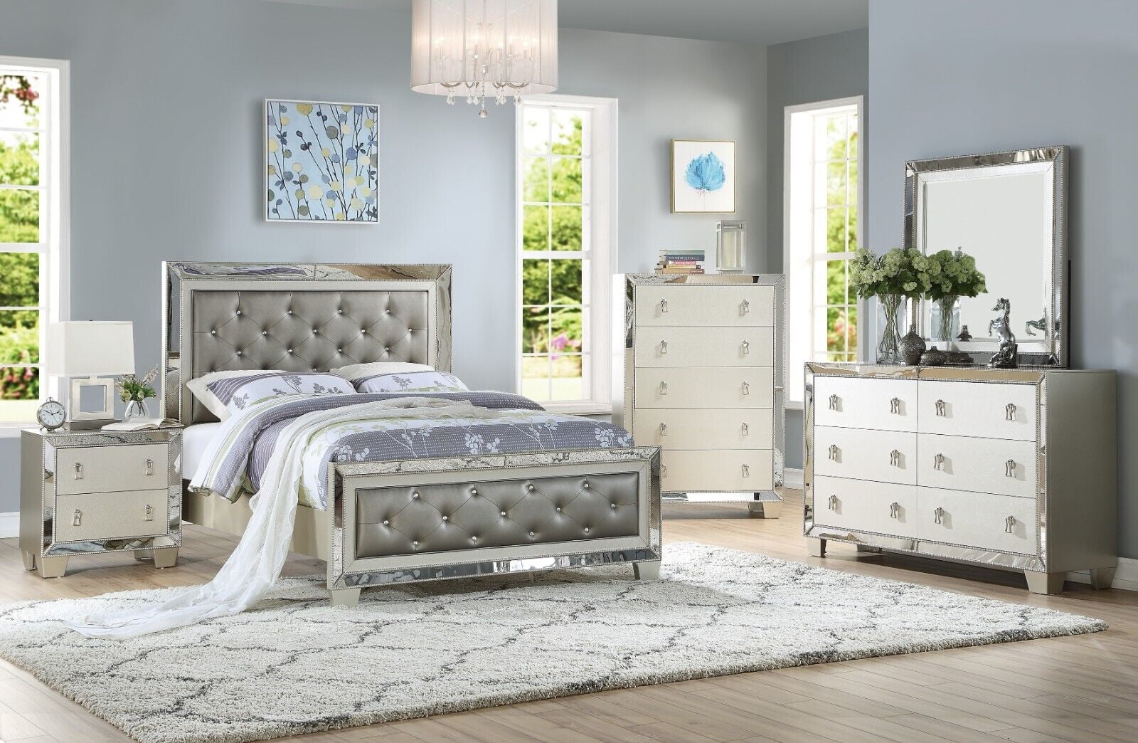 Esofastore Contemporary Bedroom Furniture Queen Size Bed 2x Nightstand Mirror Dresser Chest 6pcs Set Tufted HB FB Silver