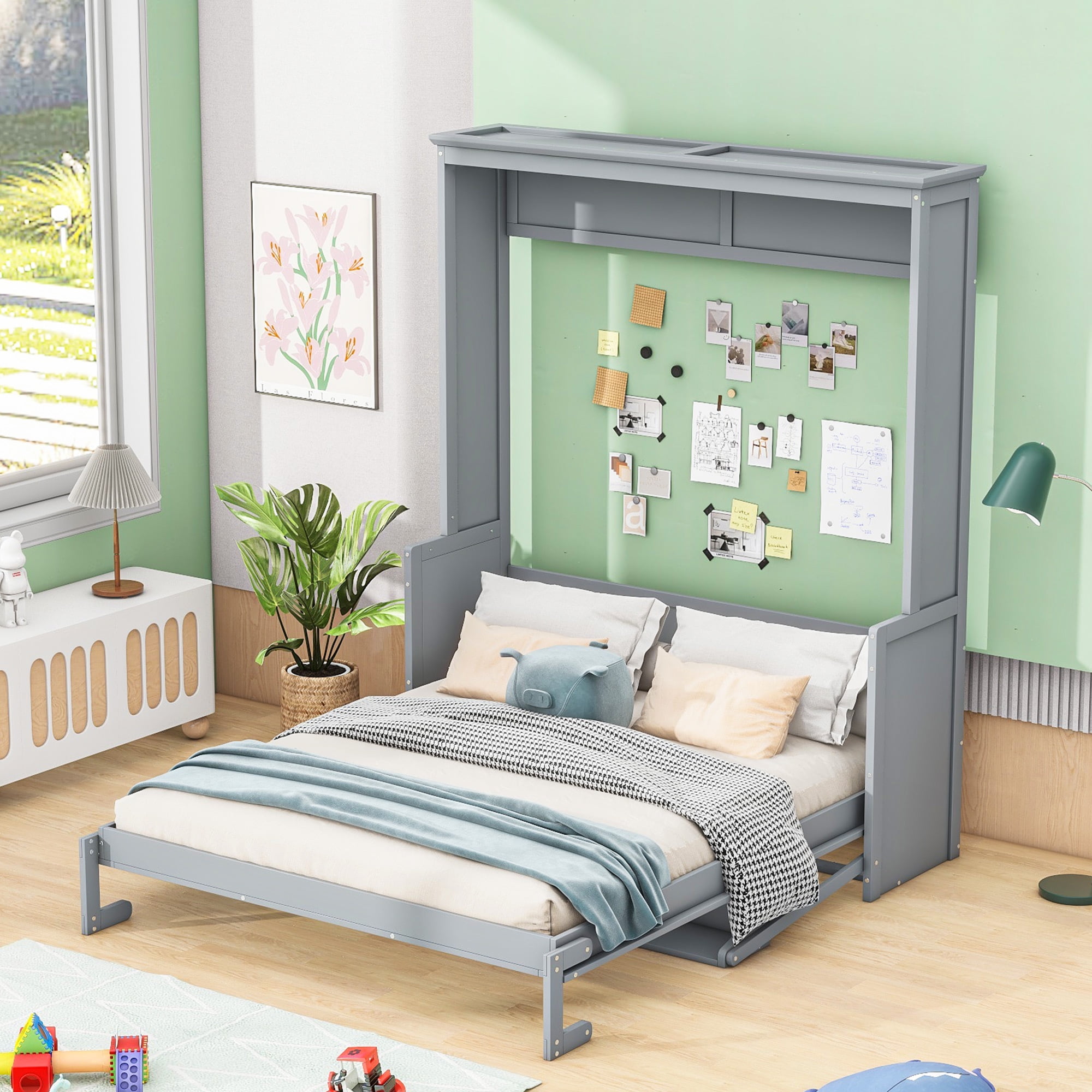 Euroco Queen Size Murphy Bed with Desk and Shelves, Convertible Wall Bed into Cabinet for Living Room, Easy Open and Close, Gray