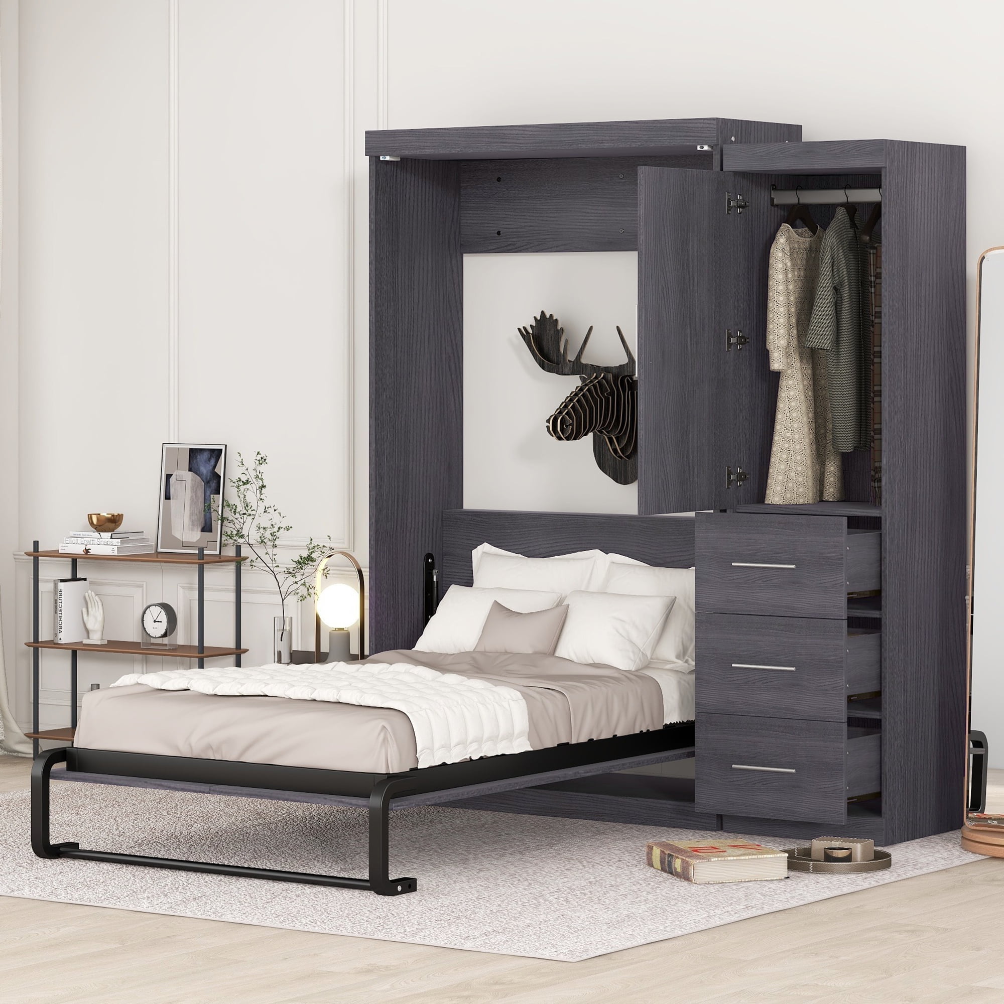 Euroco Wood Twin Size Murphy Wall Bed with Wardrobe and Drawers Moveable Wardrobe and Drawers, Easy Open and Close, Gray