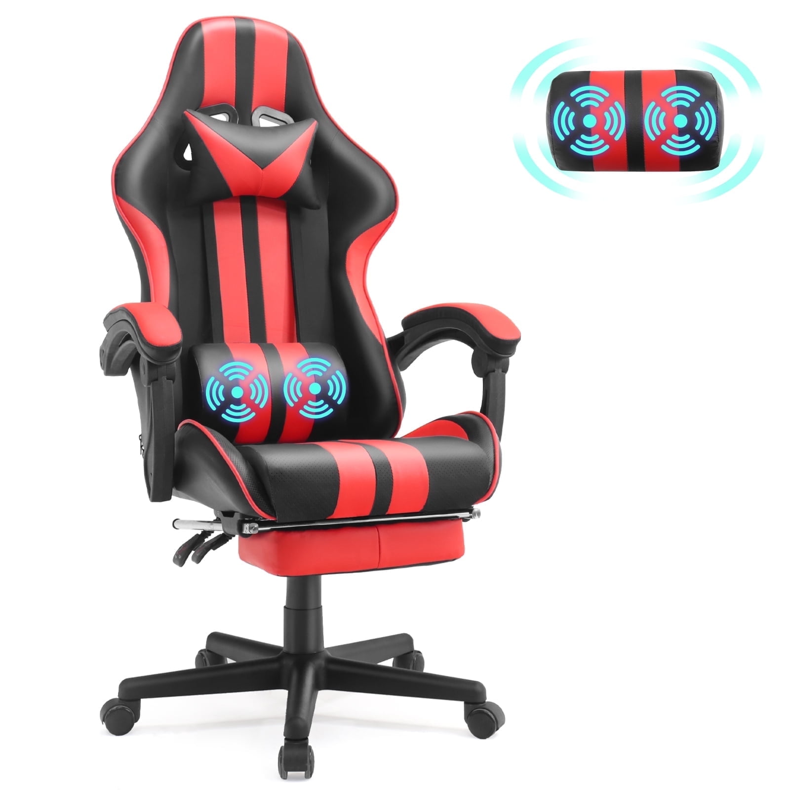 SOONTRANS Blue Gaming Chair with Footrest, High Back Office Chair with Massage Lumbar Pillow, Game Gamer Chairs for Adults Kids, Navy Blue
