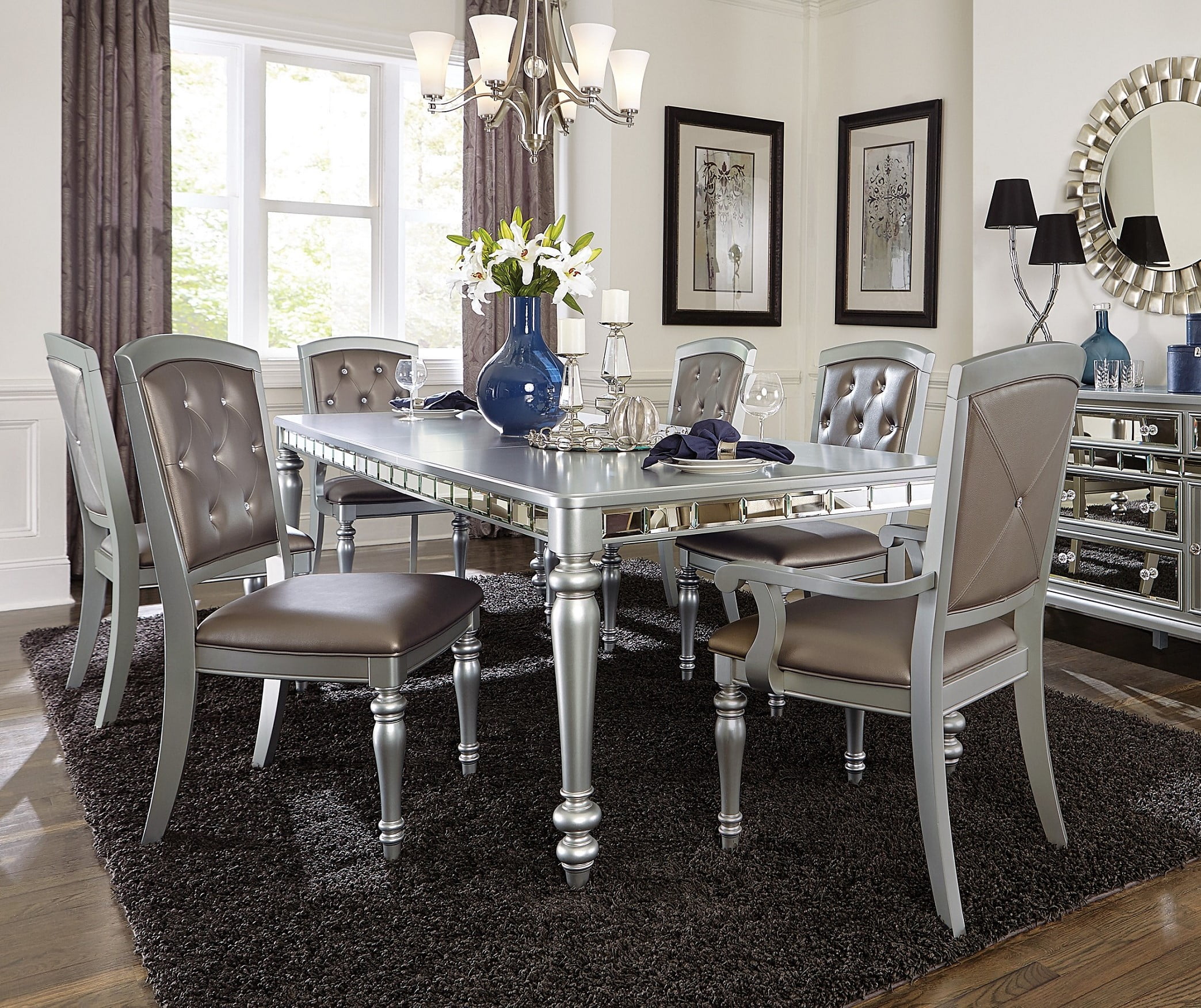 Glamorous 7pc Dining Room Furniture Set Table 2 Arm Chairs 4 Side Chairs Sparkling Silver Finish Furniture
