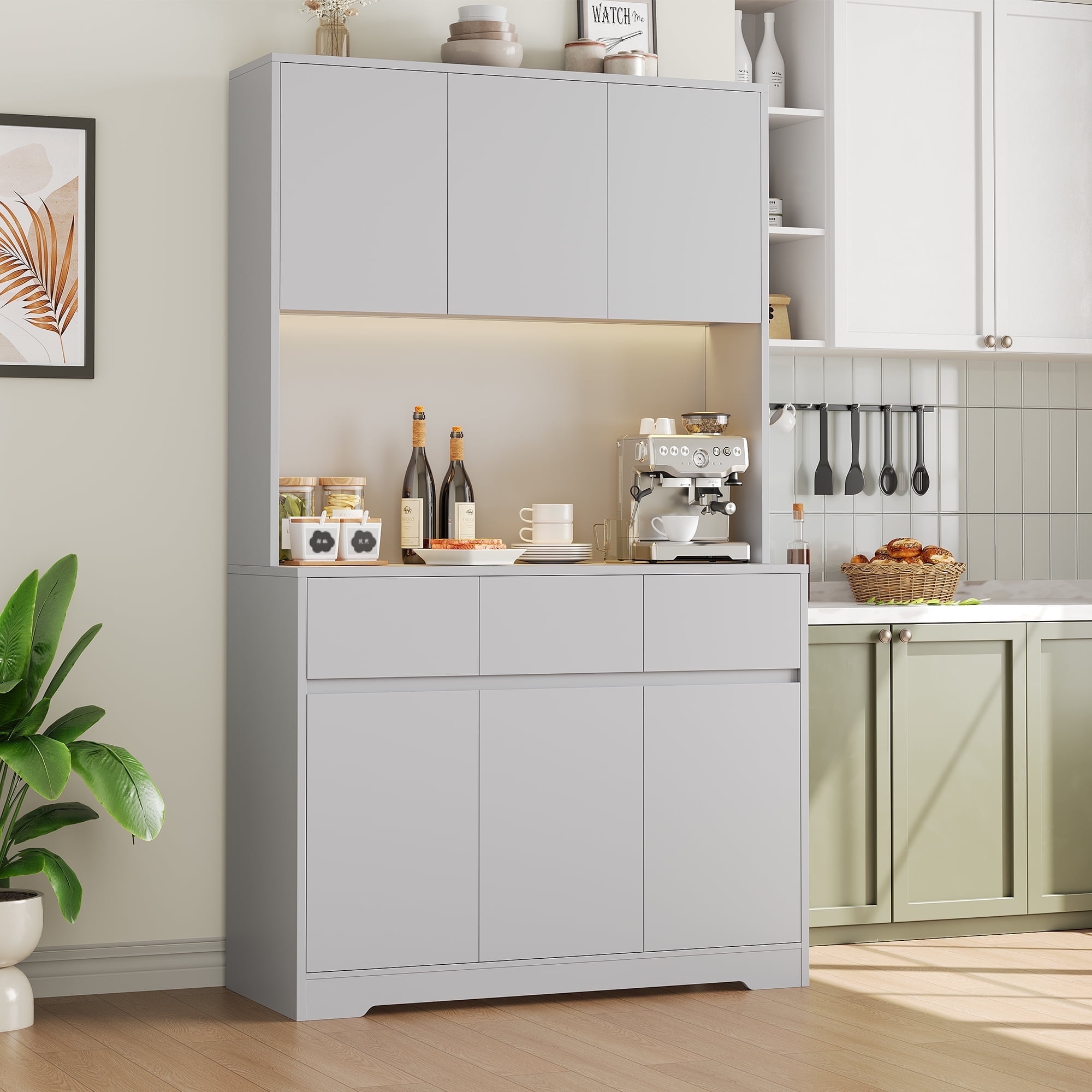 Homfa 70.9Kitchen Pantry Hutch with Charge Station Led Light, 3 Drawer Storage Cabinet with Adjustable Shelves