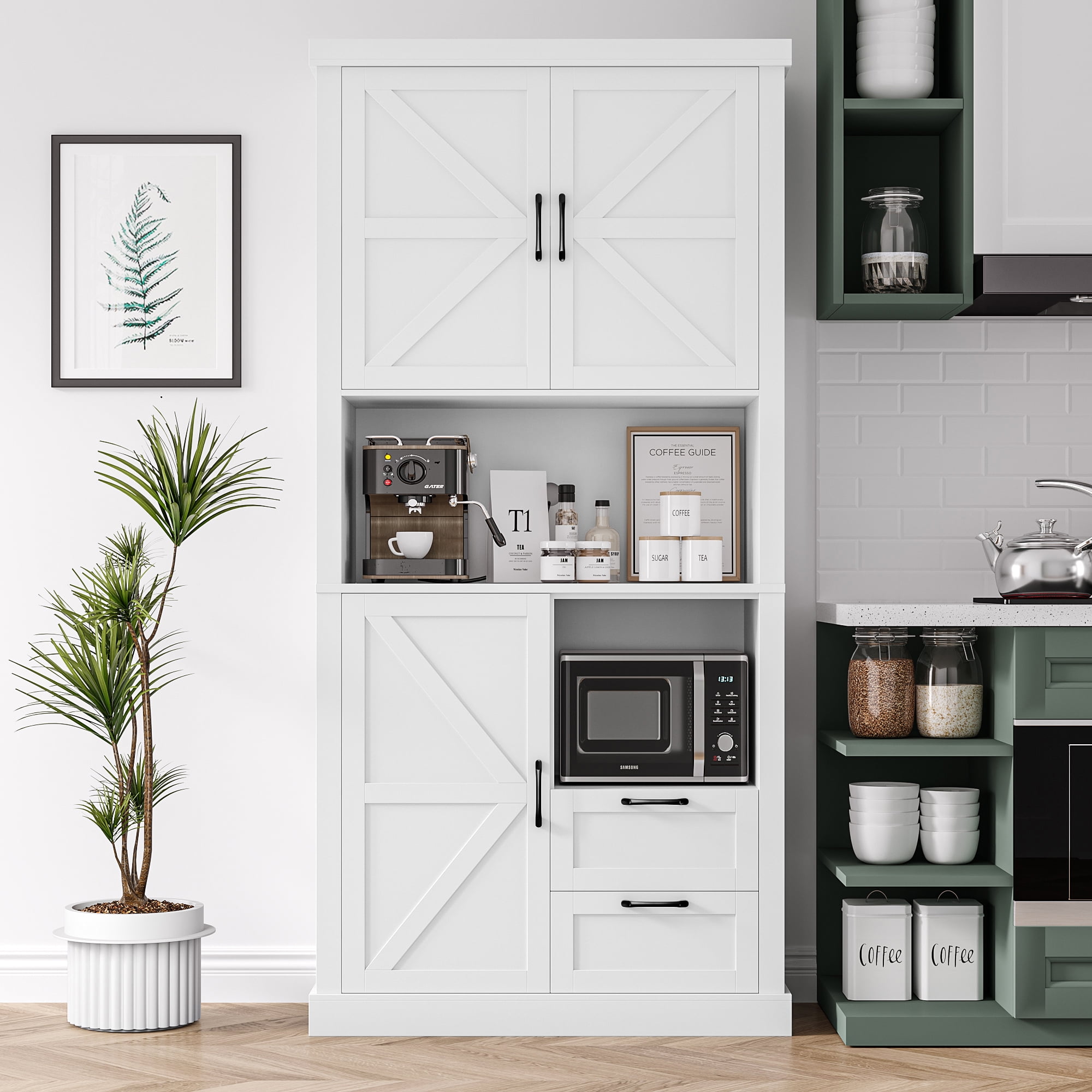 Homfa  Tall Kitchen Pantry, Free-standing Wood Storage Cabinet with Farmhouse Barn Doors for Dining Room, White