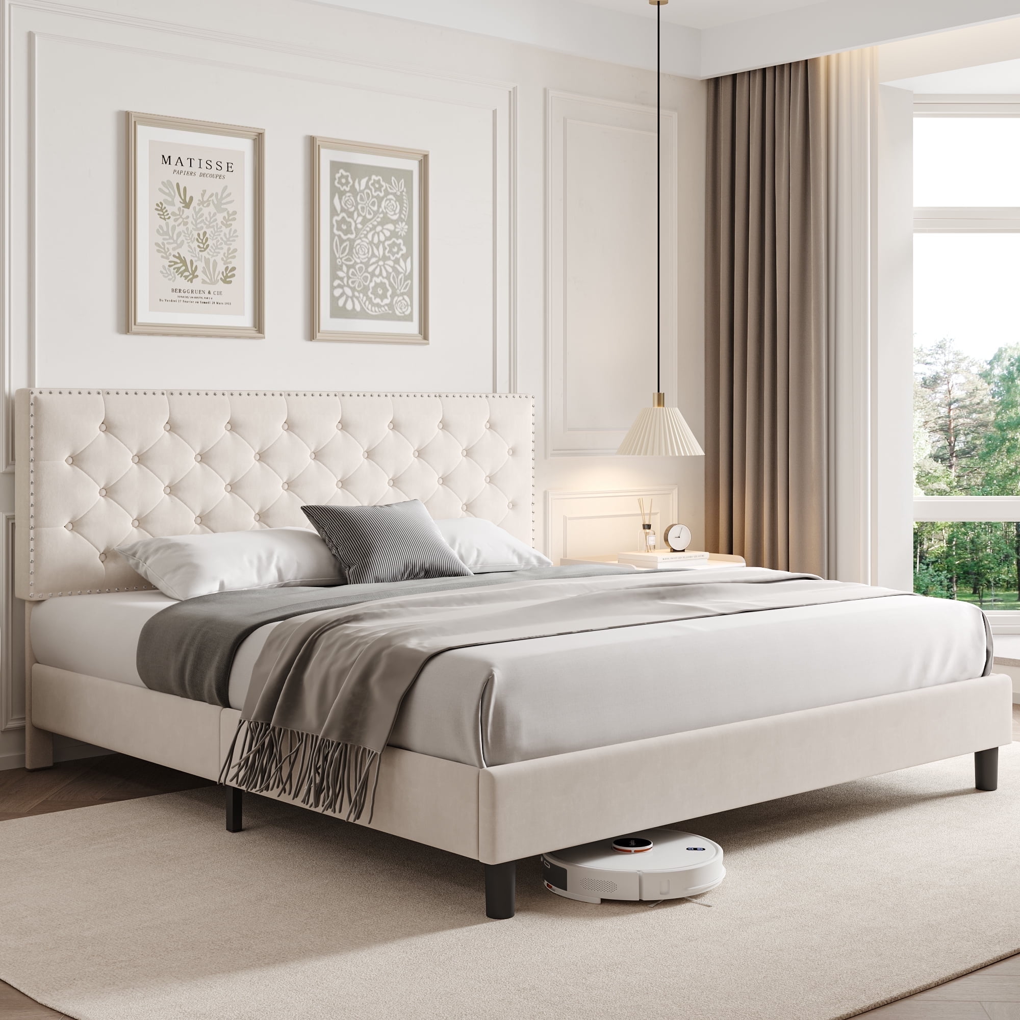 Homfa Queen Size Bed, Modern Upholstered Platform Bed Frame with Adjustable Headboard for Bedroom, Beige