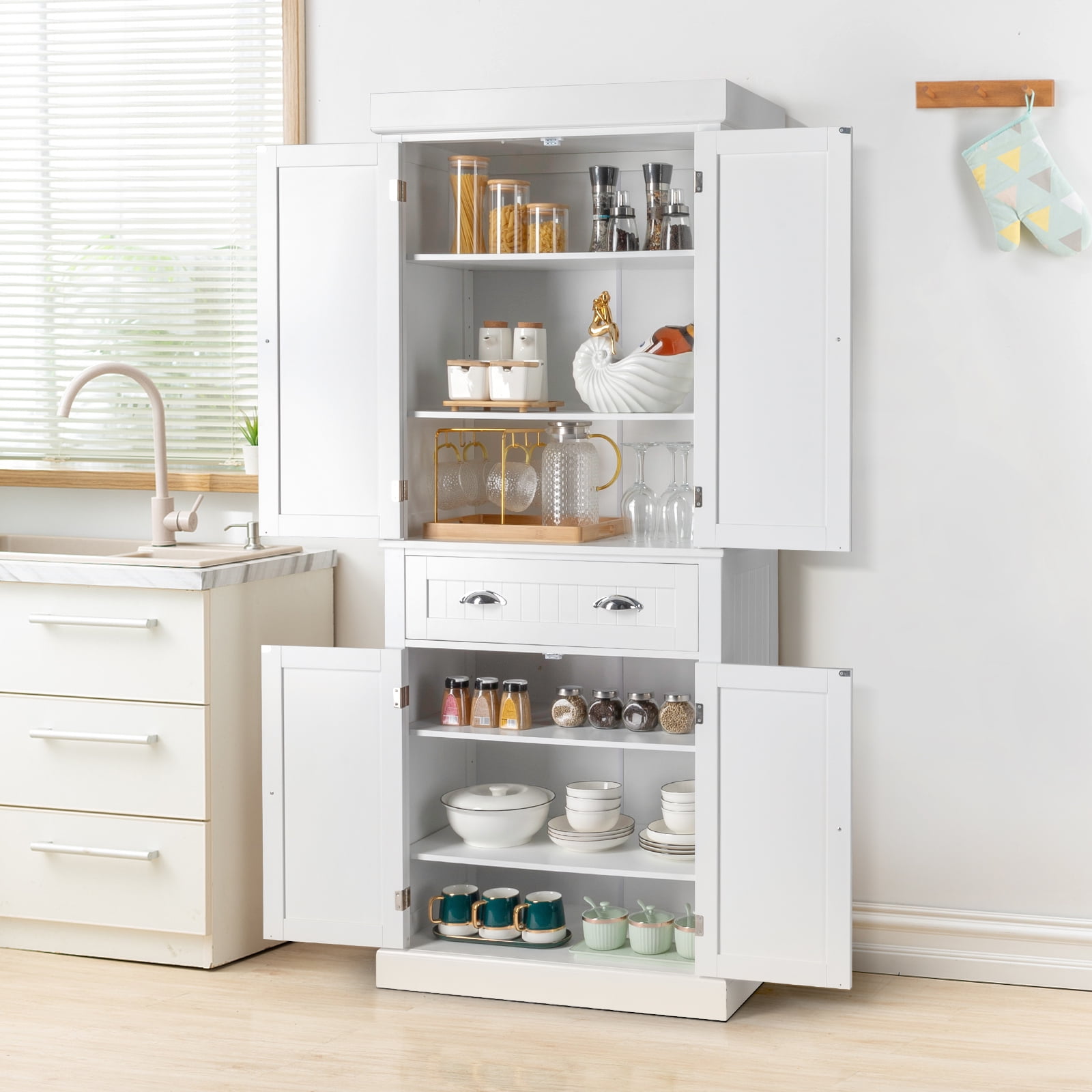 Ktaxon 72 Kitchen Pantry Cabinet with Doors and Shelves, Sideboard Storage, White