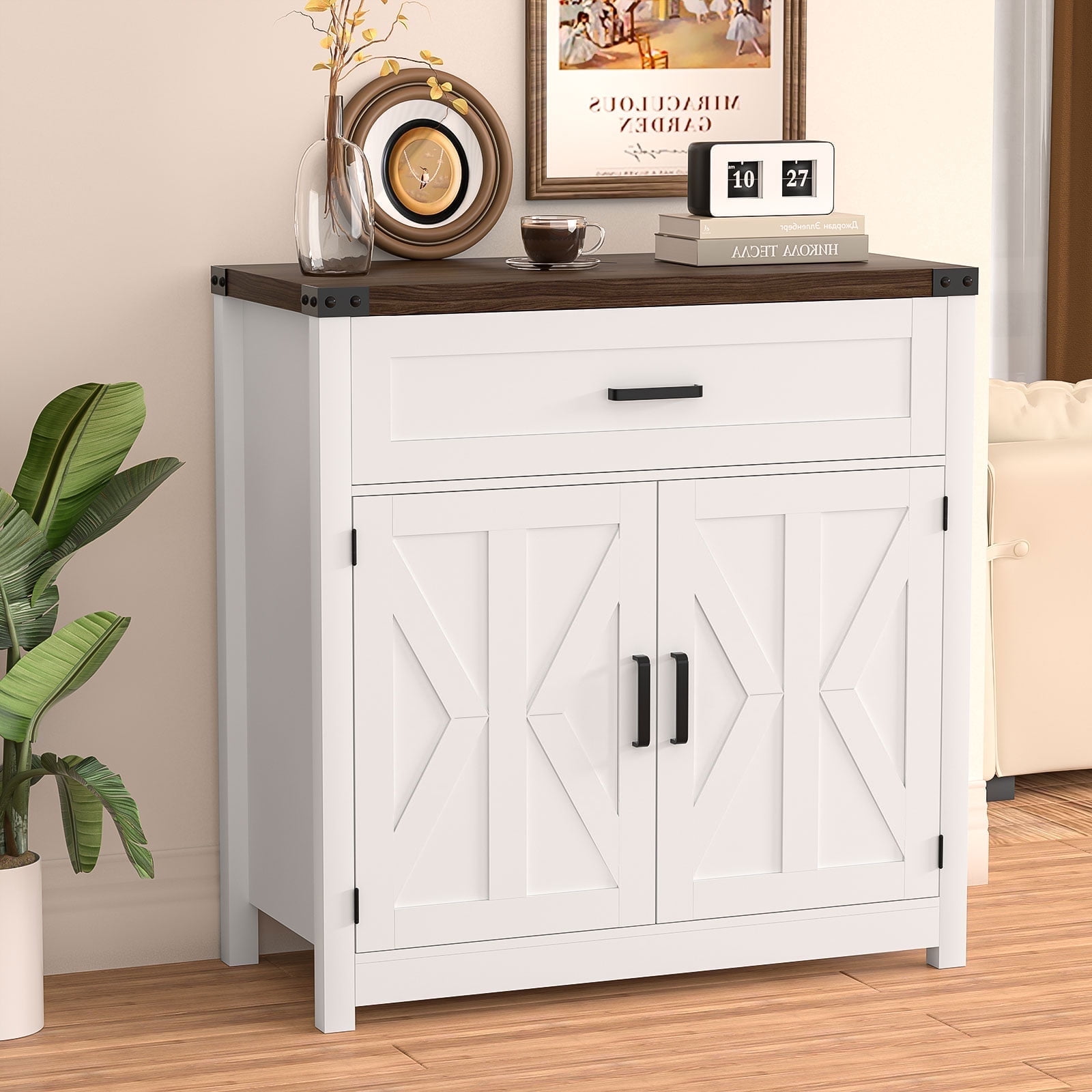 LAFGUR Kitchen Storage Cabinet, Modern Farmhouse Buffet Sideboard with for Kitchen, Entryway, White
