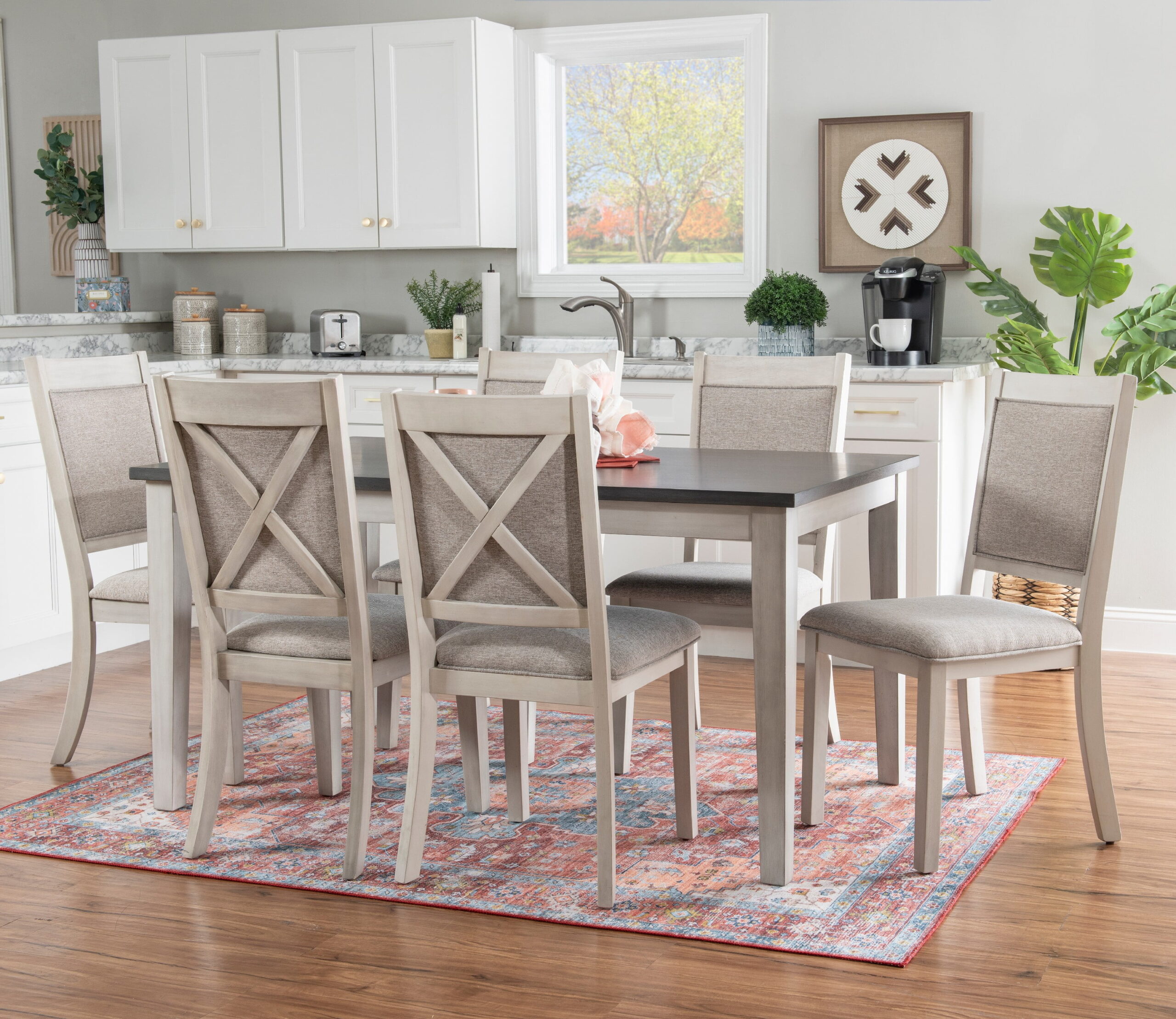 Powell Drew 7-Piece Farmhouse Acacia Dining Table with Chairs, White/Gray