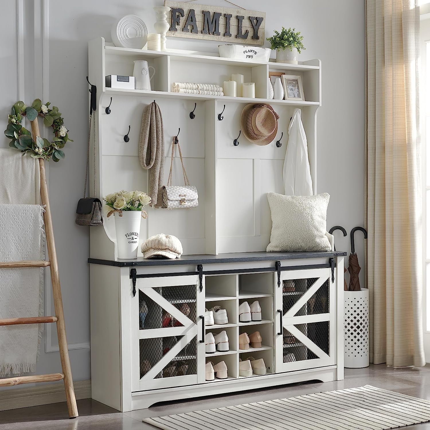 T4TREAM Farmhouse Hall Tree with Bench and 20 Shoe Storage, Entryway Bench with Sliding Barn Door, and 12 Coat Hooks, White