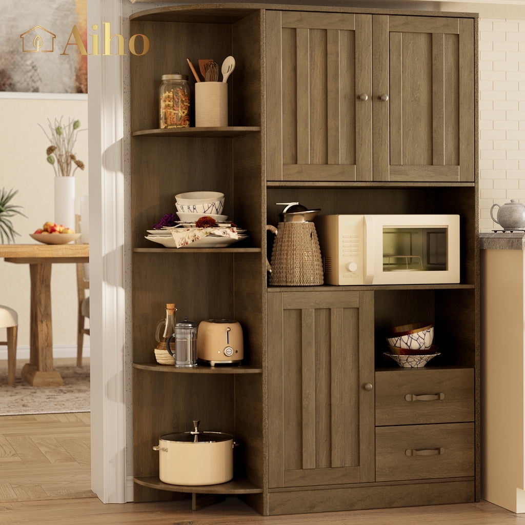 Aiho Farmhouse Kitchen Pantry Storage Cabinet, Tall Kitchen Pantry, Freestanding Hutch with Doors ; Shelves, Buffet Sideboard, Microwave Stand, Coffee Bar with Drawers, Cupboard