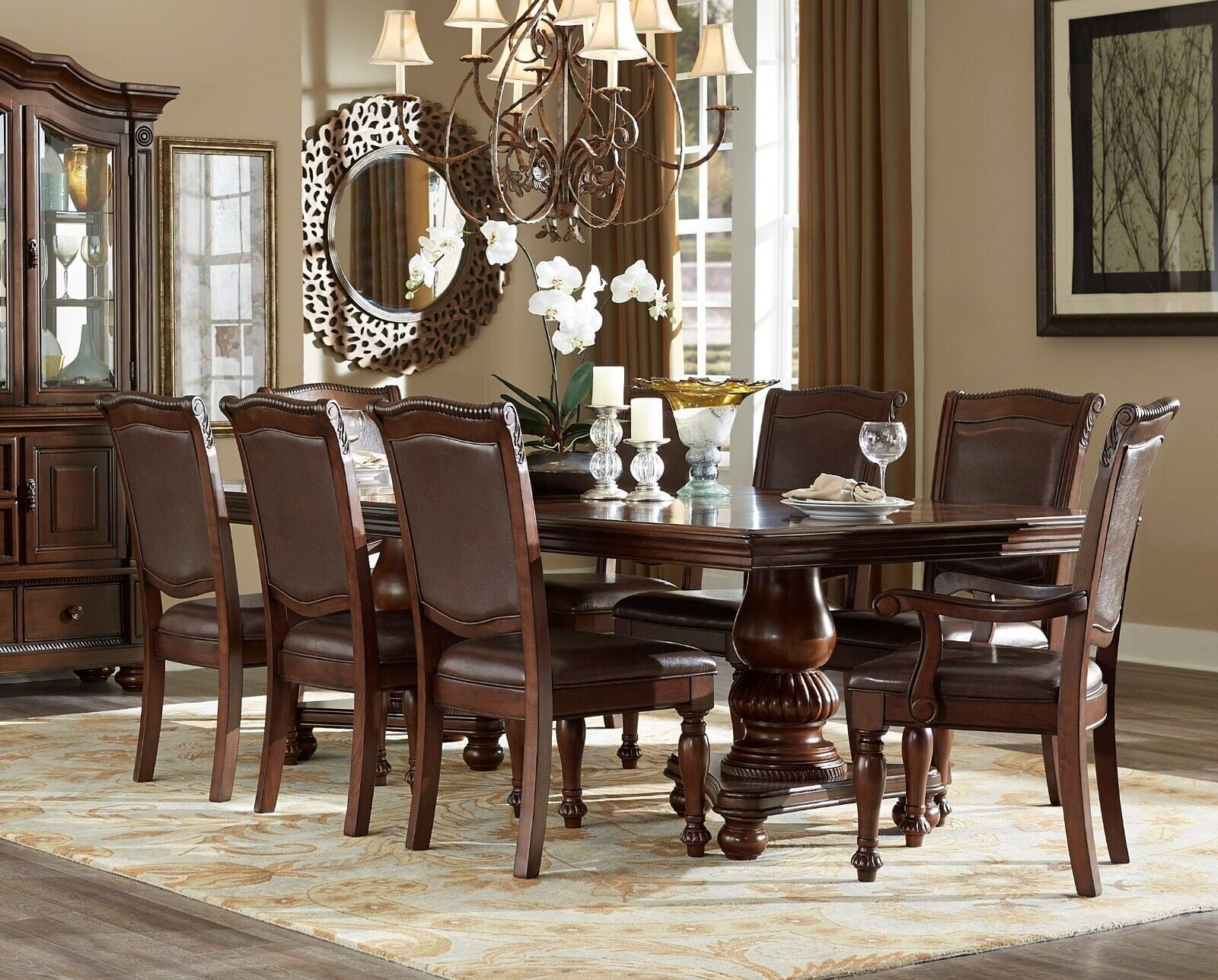 Traditional Brown Cherry Finish 9pc Formal Dining Set Table 2 Arm Chairs 6 Side Chairs Wooden Dining Furniture