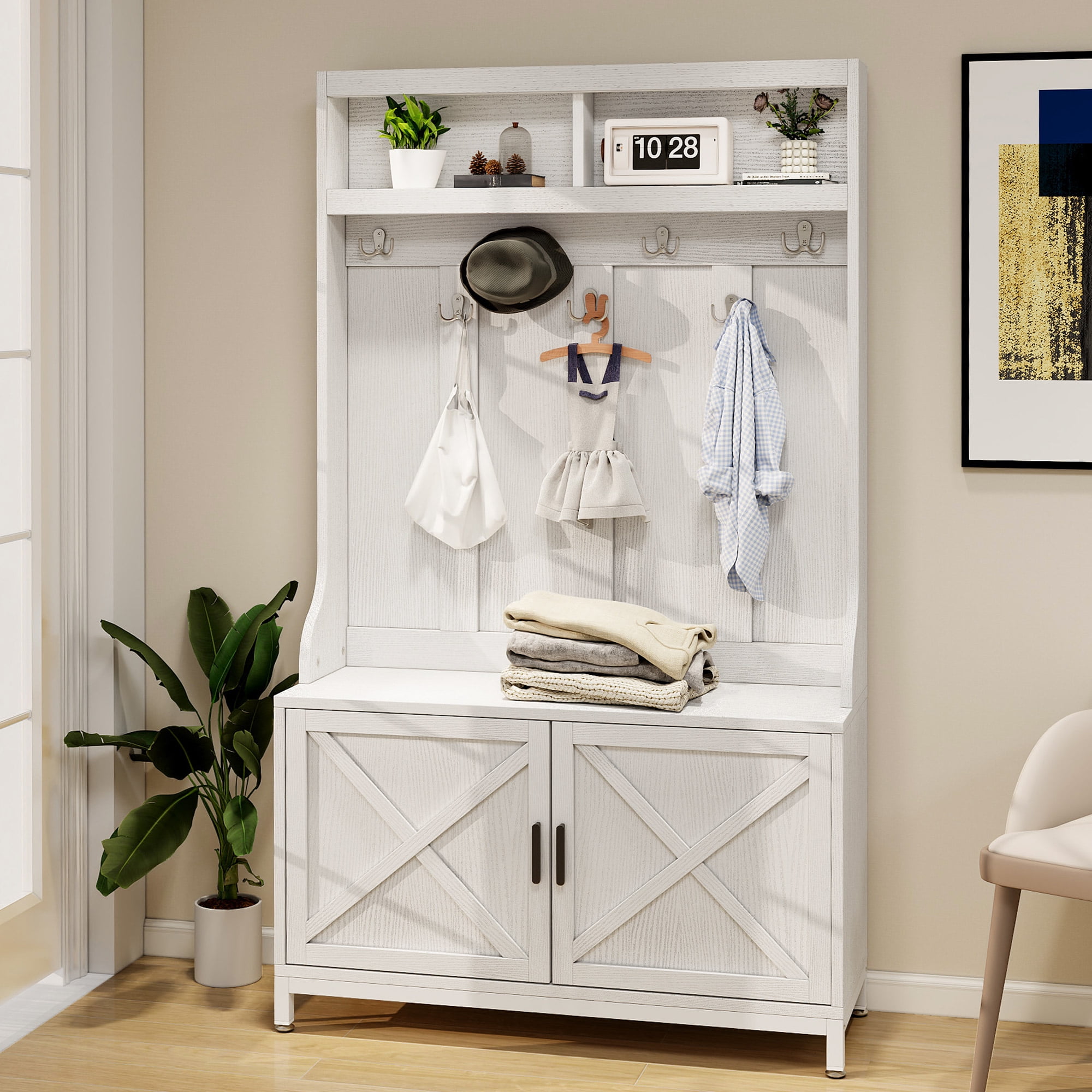 Uforic Farmhouse Hall Tree, 4-in-1 Coat Rack with Storage Bench, White Shoe Cabinet for Hallway, Living Room