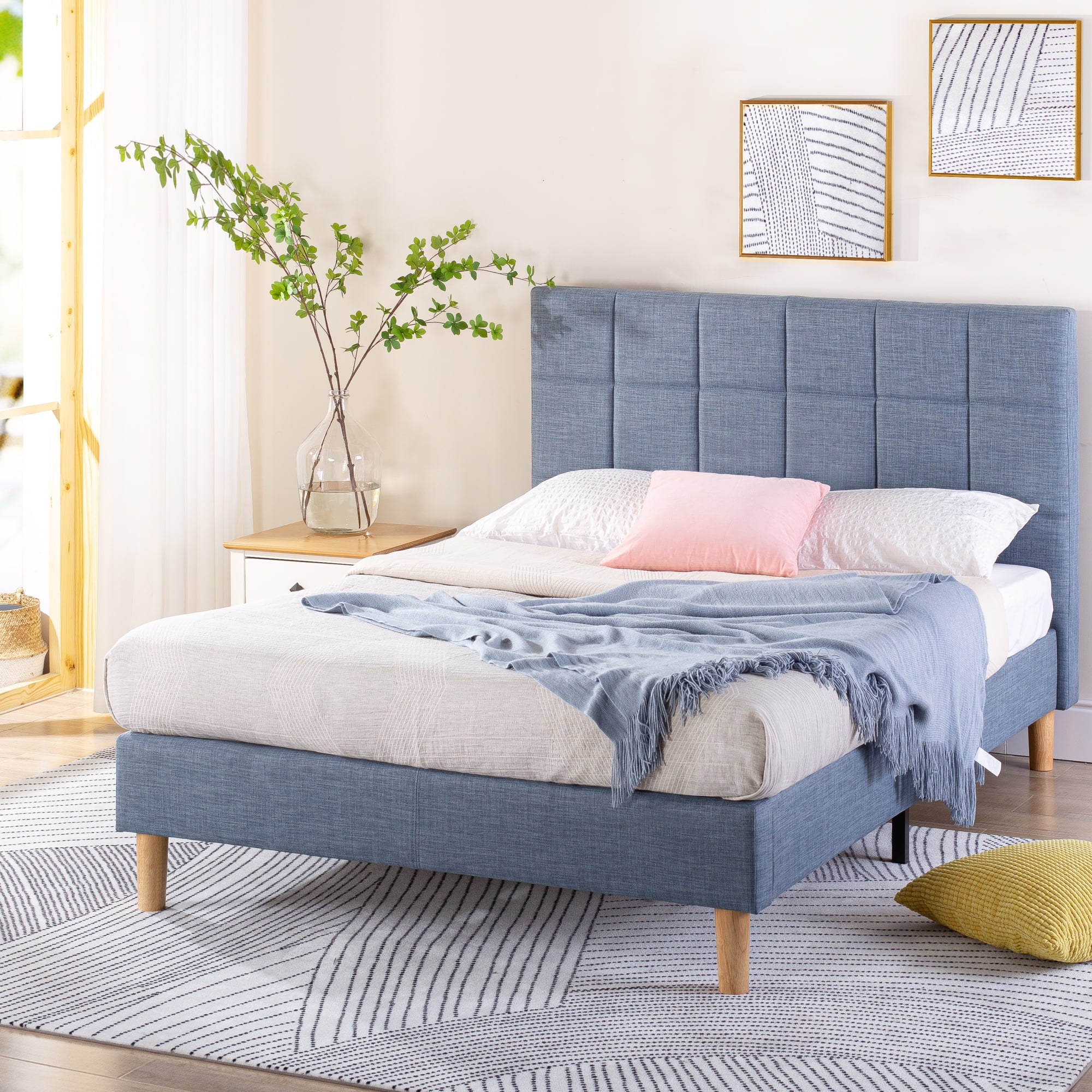 Zinus Lottie 43&quote; Upholstered Platform Bed Frame, Blue Slate, Queen