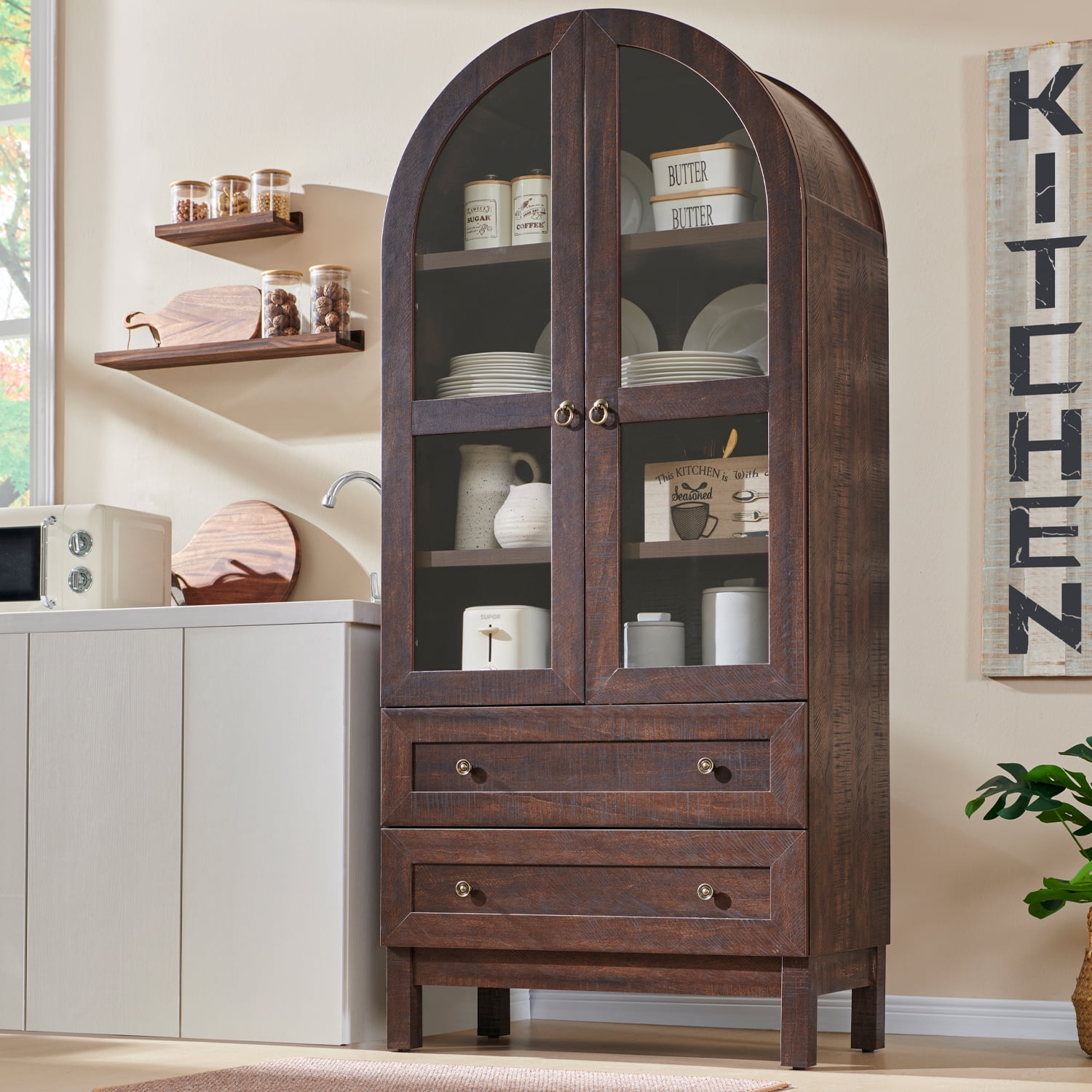 SinCiDo Arched Kitchen Pantry Storage Cabinet, Tall Wood Pantry Shelves with 2 Doors 2 Large Drawers for Dining Room Living Room