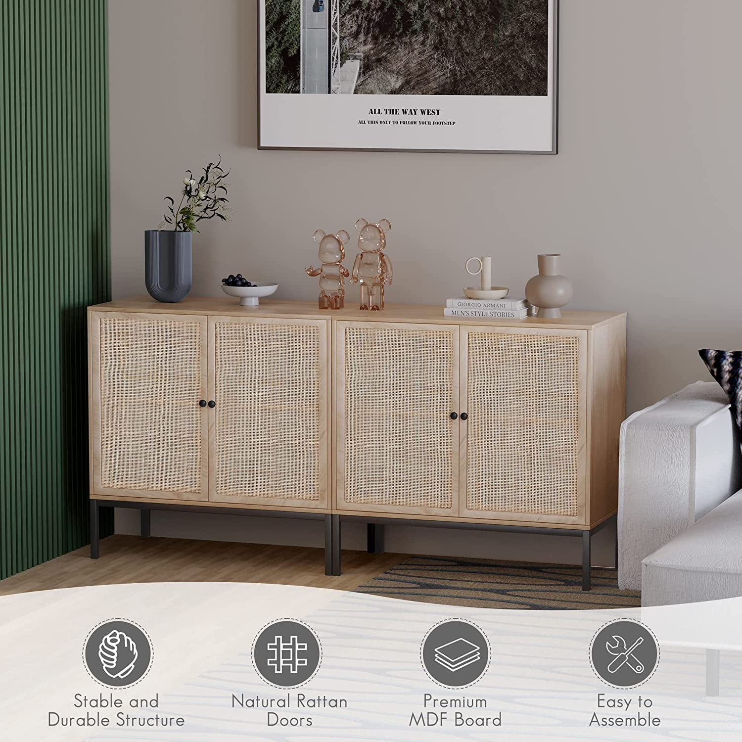 Brafab  Buffet Sideboard Cabinets, 4 Door Rattan Storage Cabinet Accent Entryway Chest Console Table Liquor Wood Cupboard for Dining Room, Living Room, Kitchen,63 X 31.5 X 15.75 Inches,Oak Color
