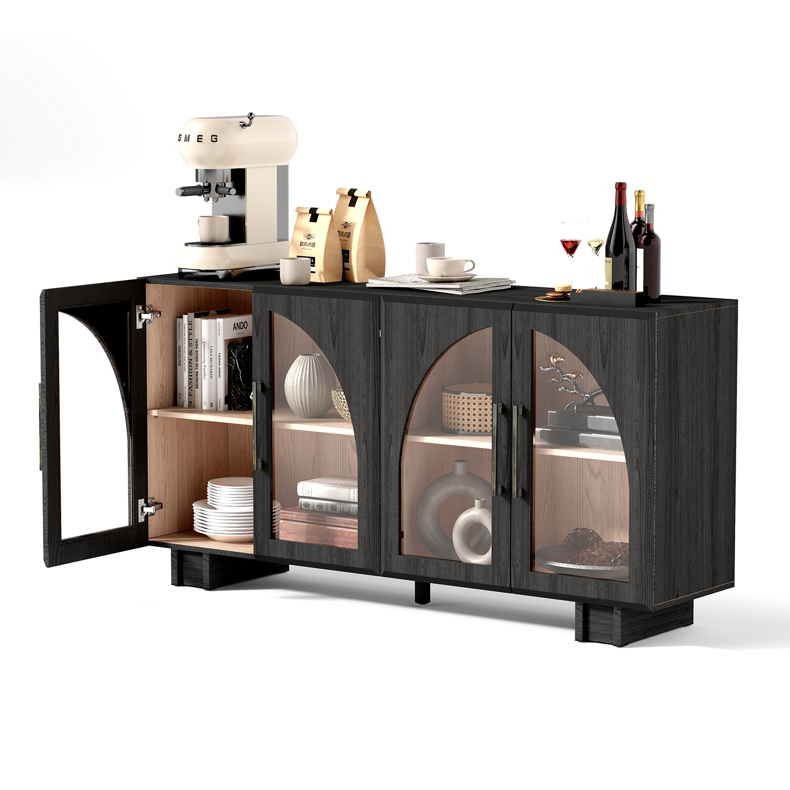 JOINICE Modern Accent Cabinet with Adjustable Shelves and Arched Glass Door,for Living Room,Entryway,Hallway,Dining Room,Black