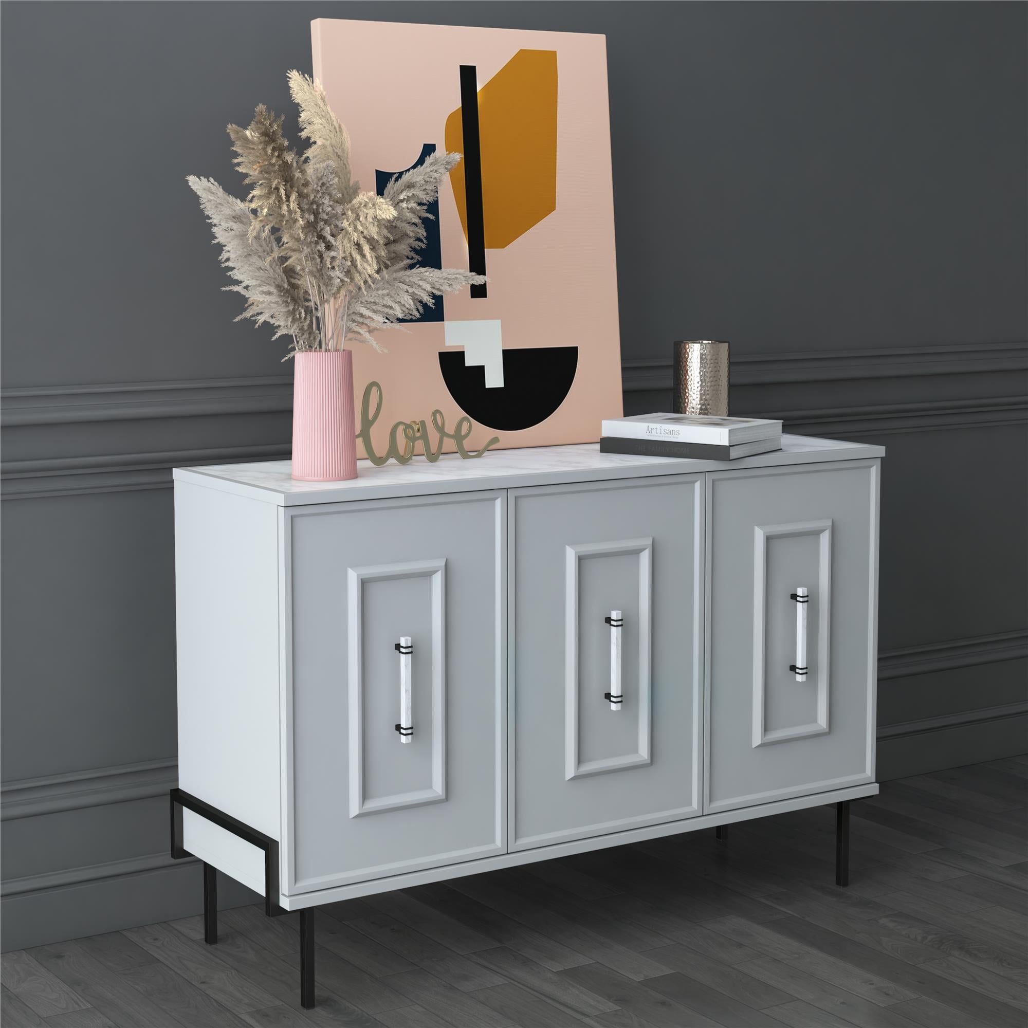 Liberty 3 Door Accent Cabinet, Dove Gray with Faux Marble Top