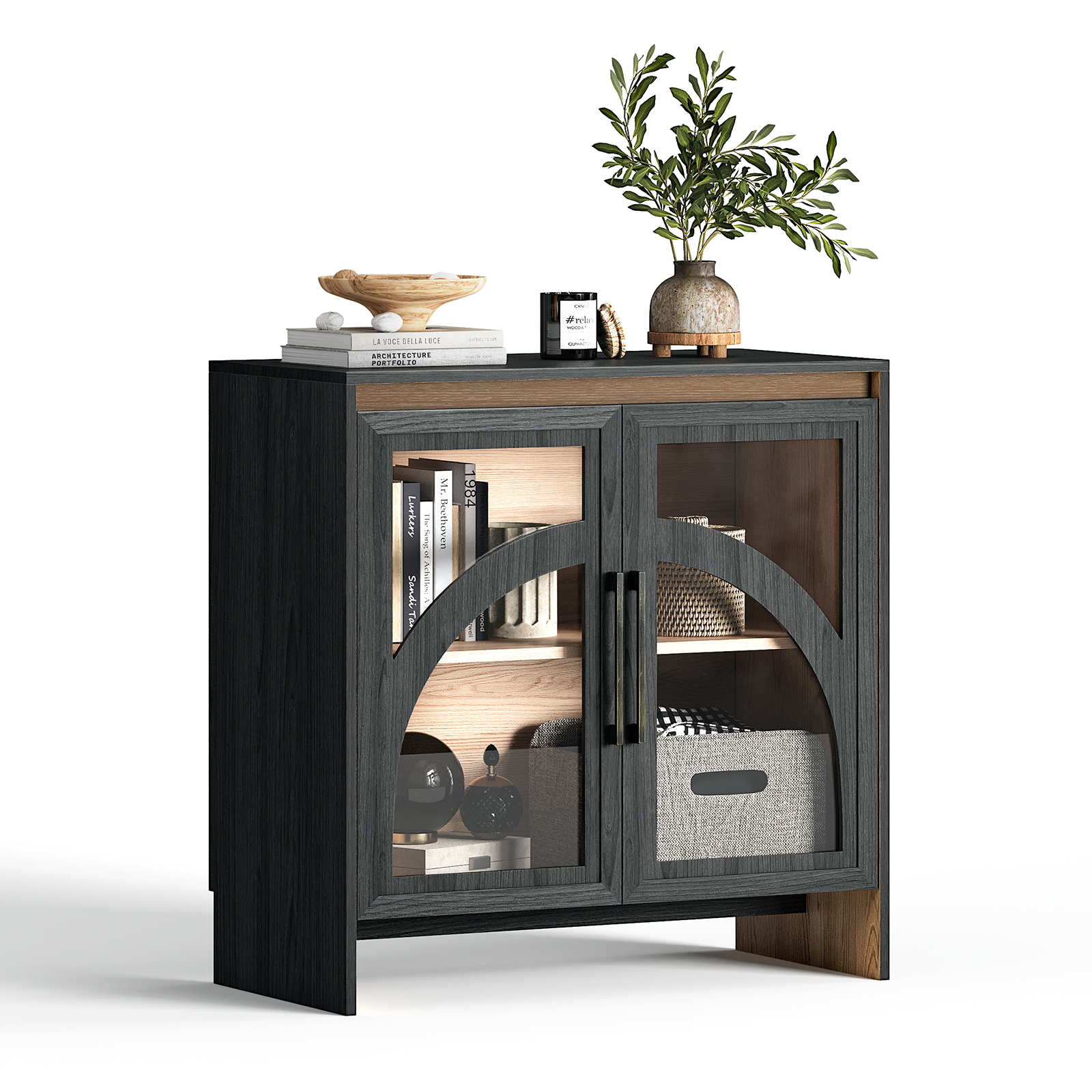 JOINICE Sideboard Cabinet with Adjustable Shelves,Accent Cabinet with Arched Glass Door,for Living Room,Entryway,Dinning Room,Black