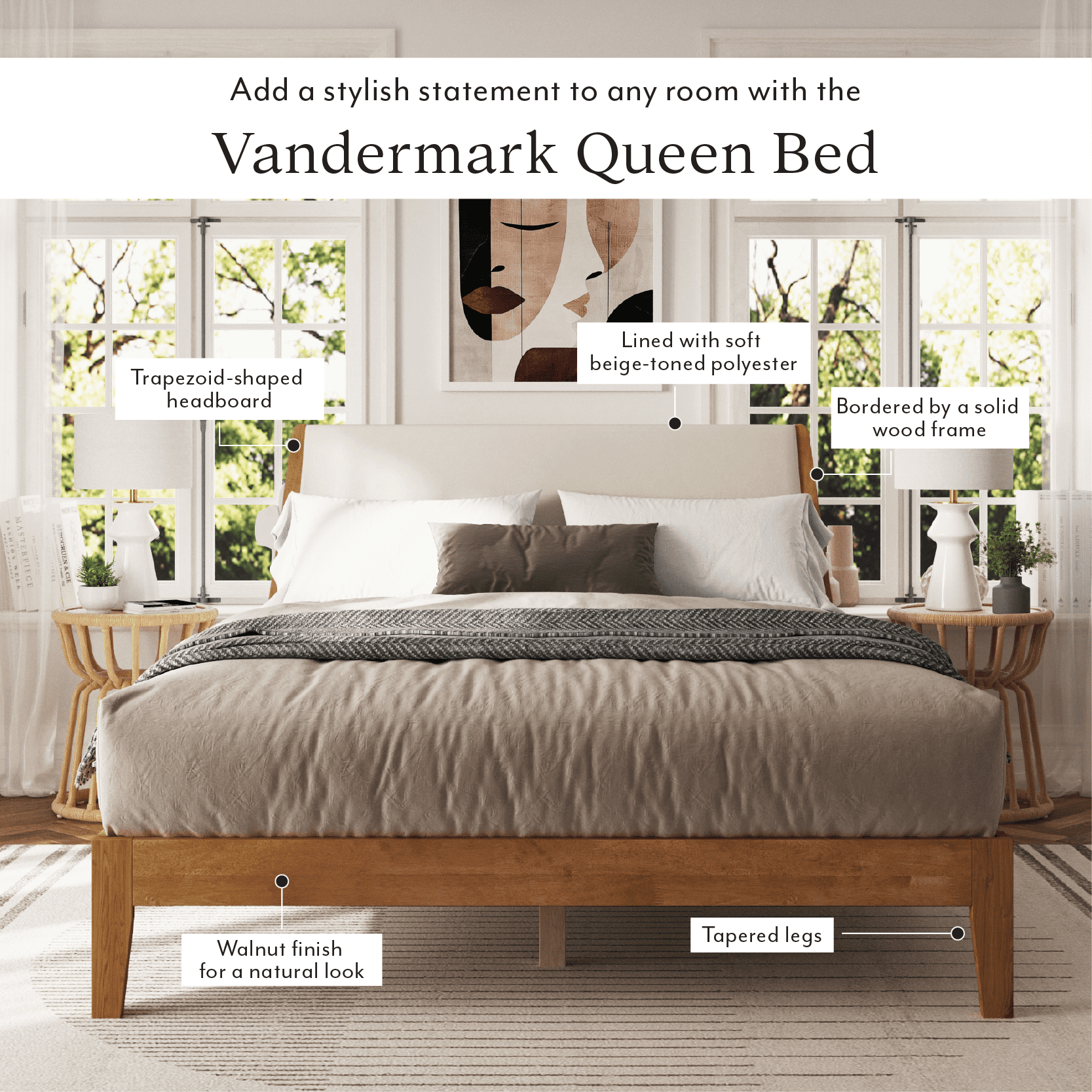 DG Casa Vandermark Queen Bed Frame – Solid Wood | Walnut Finish | Easy Install Queen Bed Frame with Unique Headboard and Wooden Slat Support Included | No Box Spring Required - Beige