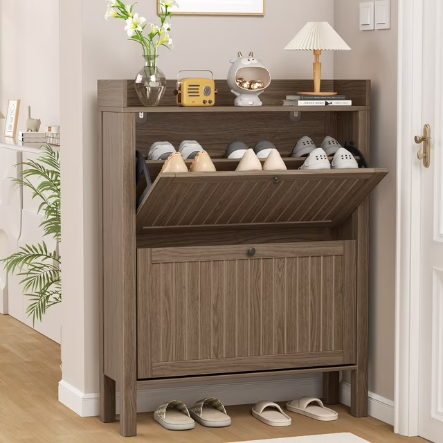 Flycity Shoe Cabinet, 6-Tiers Shoe Rack Organizer Cabinet with Adjustable Shelves, Freestanding Cabinet Storage with Anti-Tip Fitting Wood Door